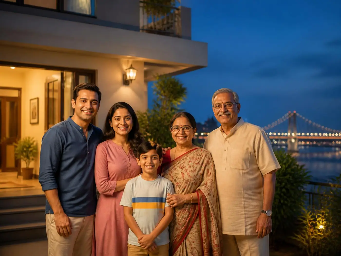A multigenerational Indian family standing together outside their home in Kolkata